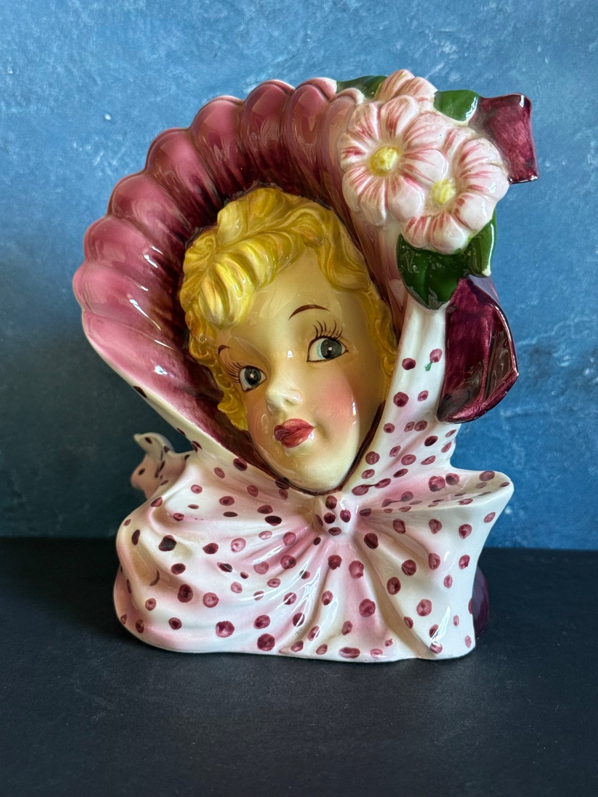 VINTAGE LADY HEAD VASE BLONDE LIPPER & MANN SOUTHERN BELLE PURPLE 6”