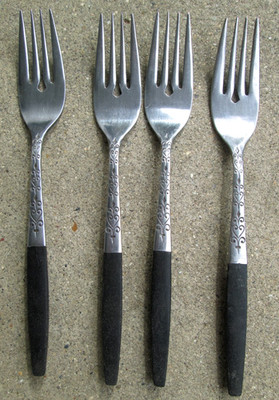 Lot of 4 Interpur Japan INR2 Pattern Salad Forks Stainless w/ Black Handles