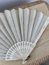 Antique Victorian Feather Hand Fan   Carved Celluloid Guards   Early 1900s