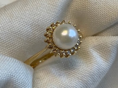 14K Yellow Gold Diamond & Pearl Ring 1.91g Fine Jewelry Size 6.75 Band *READ*