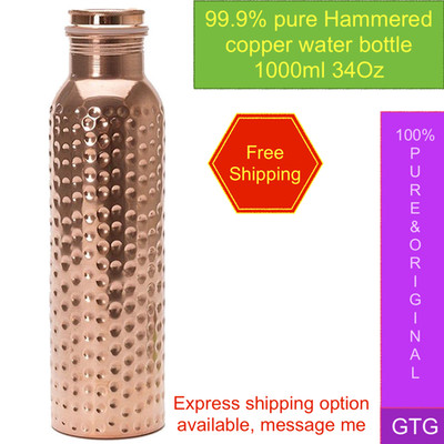 Hammered Pure Copper Water Bottle 34oz Leak-Proof Handmade Ayurvedic Health