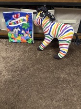 Vintage Handmade Cranston Rainbow Zebra Plush Stuffed Animal 13  W/ Fabric Book