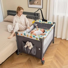 Baby Bedside Sleeper, 6-in-1 Pack and Play w/Infant Bassinet, Diaper Changing...