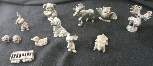 Zinn Miniatur Figuren 12 Stück (11 Tiere und ein Trolleywagen)