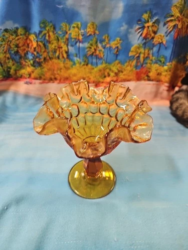 BEAUTIFUL AMBER FENTON RUFFLED, FOOTED THUMB NAIL 6 1/4" HT. COMPOTE/CANDY BOWL