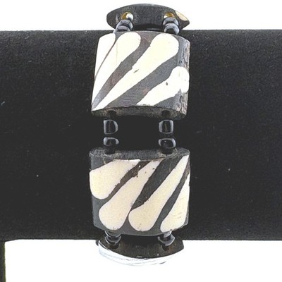 Vintage Zebra Print Batik Bone Tile Stretch Bracelet Black Cream Tribal Boho