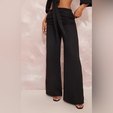 NWT Pretty Little Thing Black Wide Leg Linen Look Trousers 12 N78