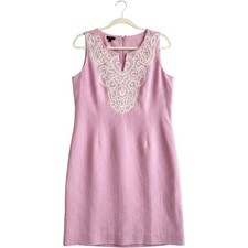 Talbots Womens Linen Cotton Embroidered Bib Shift Dress Lilac Pink Size 8