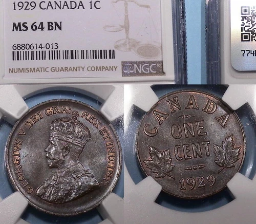 1929 CANADA CENT NGC MS 64 BN CANADA AUCTION COMP $253 #VM-44x