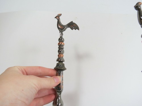Vintage Rooster Stands Pair Chicken Incense Burners Silver Metallic Brass - Picture 8 of 12