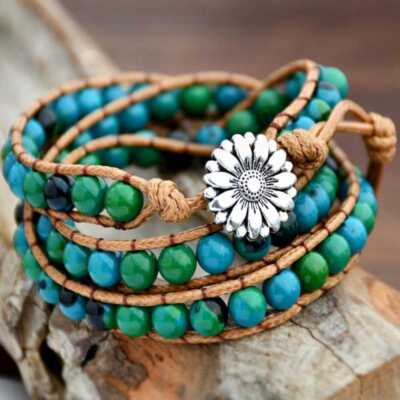 Blue natural stone bead cowhide rope cuff bracelet 3 circles Anniversary
