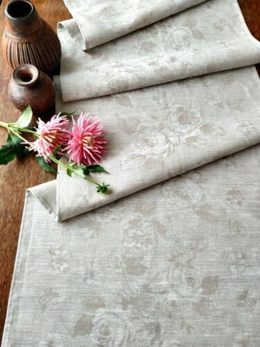 luxurious jacquard 100% Linen Table Runner Rose pattern Natural Gray Flax - Picture 1 of 11