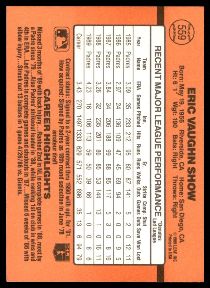 1990 Donruss Eric Show San Diego Padres #559 - Image 2 of 2