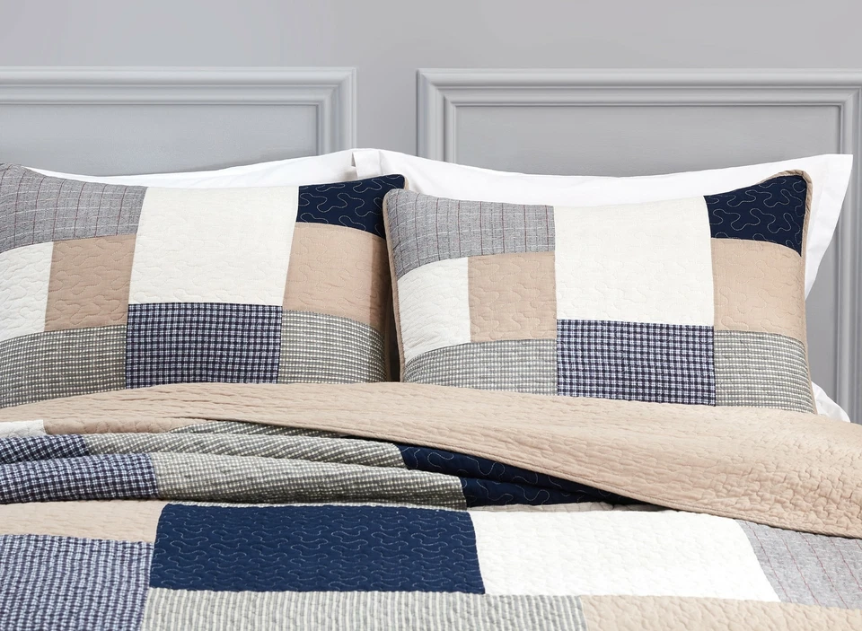 Addy Gray Taupe Plaid Patchwork Bedspread Coverlet Pre-Washed Cotton Quilt Set - Image 3 of 4