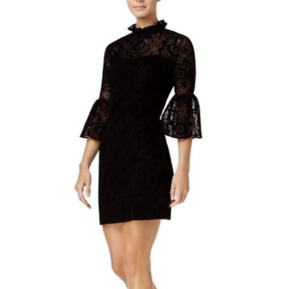Calvin Klein Burnout Velvet Lace Sheer Bell Sleeve Ruffle Collar