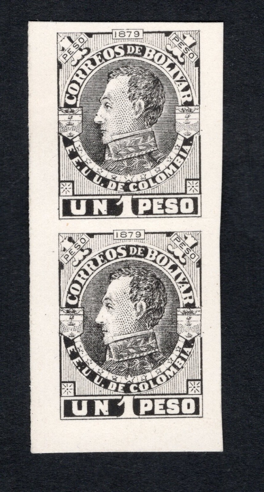 Colombia Bolivar 1879 pair of stamps not issued 1 Peso PROOFS RRR MNG