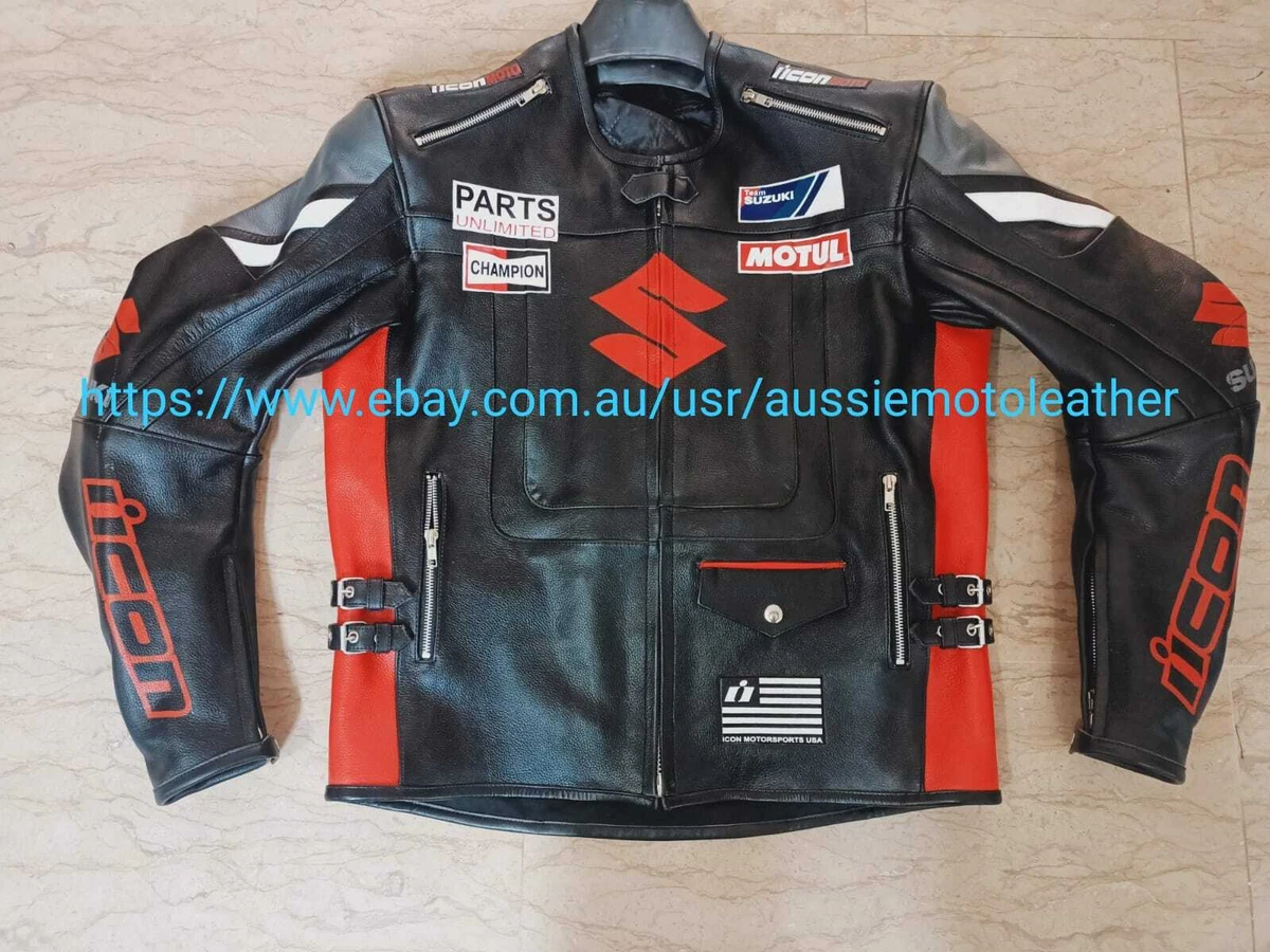 HAND MADE SUZUKI ICON JACKET MOTORBIKE RED TAILOR MADE MOTORCYCLE LEATHER LEDER