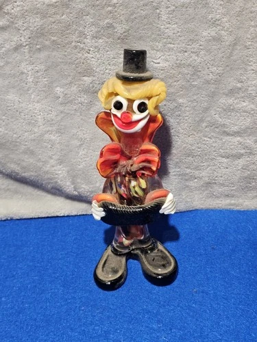 Vintage 9" Hand Blown Art Glass Clown Figurine Murano Style Red Amber...