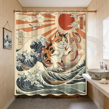 Japanese Ukiyo-e Cat Shower Curtain Set Great Wave Art 72"W x 72"L White