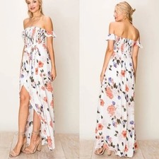 Altar'd State White Floral Midi dress Slit Smocked Strapless Small
