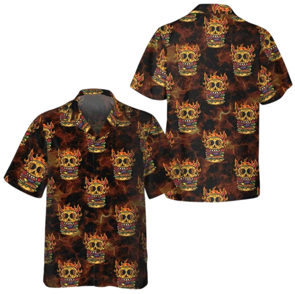 Skull Monster Burger Hawaiian Shirt, Unique Flame Skull Burger Shirt