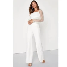 NWT Lulus Sheerly Sultry Ivory Organza Balloon Sleeve Two Piece Jumpsuit Size L