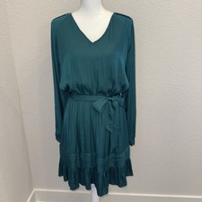 Simply Vera Vera Wang Women’s Belted Mini Dress Tide Teal Long Sleeve Ruffle L