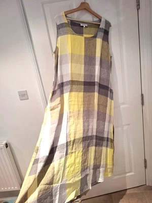 Sahara Linen Maxi Dress Size 4 UK 16 18 Yellow Check Oversized Pockets Summer - Image 1 of 4