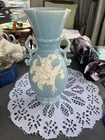 WELLER Ceramic Vase Light Blue Cameo Floral Pattern Decorative Handles 10”x 4”