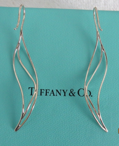 RARE TIFFANY & CO STERLING ELSA PERETTI "LEAF" EARRINGS W/ BOX & POUCH & RIBBON - Picture 4 of 6