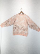 Rare Vintage Leaping Animal Acrylic Sweater Arielle Pastel 1980s Light Pink L/XL