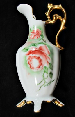 Vintage Mini Hand Painted Rose Pitcher Vase Gold Gilt Signed Virginia Atkins