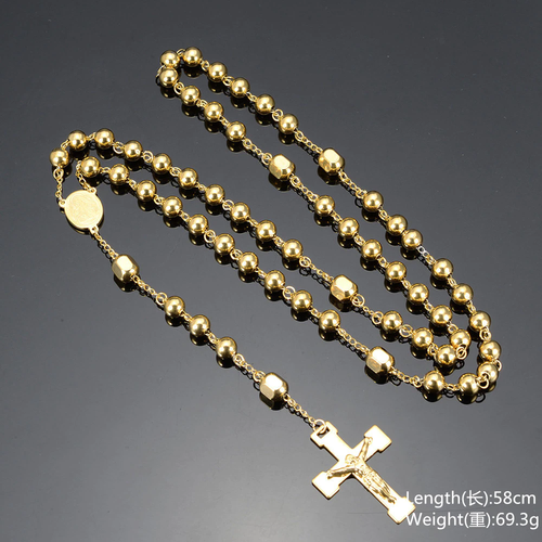 8mm Gold Rosary Beads Chain Necklace 