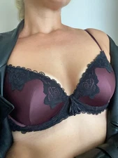 Ladies sexy satin plum with black lace padded underwired t shirt bra by Acousma