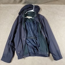 Vintage London Fog Mens Large Blue Jacket/Coat All Weather Rollup Hood 2 Pocket
