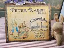 PRIMITIVE ANTIQUE VINTAGE FOLK ART STYLE PETER RABBIT BUNNY EASTER CANVAS SIGN