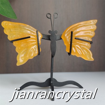 2'' Natural Yellow calcite Butterfly wings Carved Crystal Skull Healing + Stand