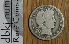 1908 D Liberty Head "Barber" Quarter Silver 25¢ - G - Good