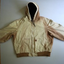 Carhartt Jacket Mens XL Hooded Brown Canvas Quilt Lined Bomber Coat Fade Vtg
