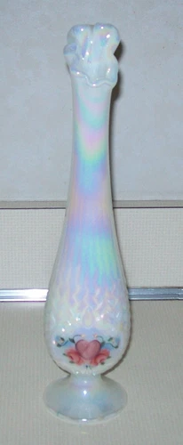 Fenton Iridescent  Basketweave Glass HP Hearts Flowers Footed Swung Vase  11" T