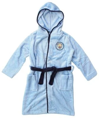 MAN CITY FC Boys Dressing Gown Manchester City Bath Robe Football MCFC Hoody 3 to 12 Years