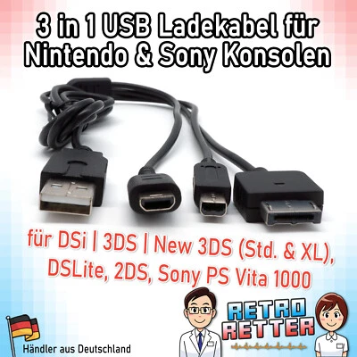 RETRORESCUE 3in1 USB Ladekabel Nintendo DS Lite|NDSL|3DS|3DS|2DS|DSi + New|XL & Sony PSVita