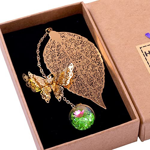 Gold Metal Feather Bookmark With A Butterfly & A Green Flower Gift For Female. - Bild 1 von 3