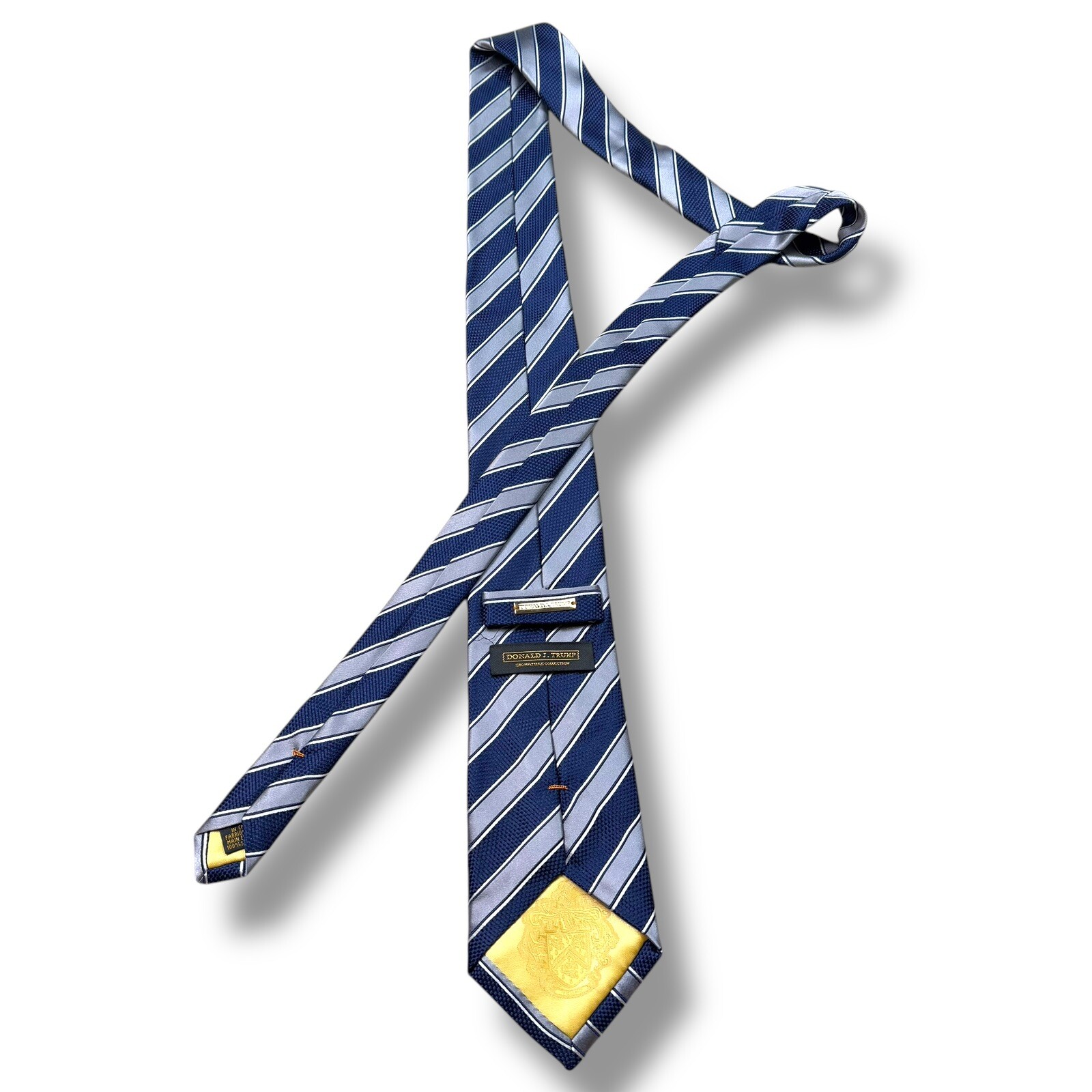 Donald J Trump Signature Silk Tie Blue Stripes Gold Bar Retro 60x4 Inches