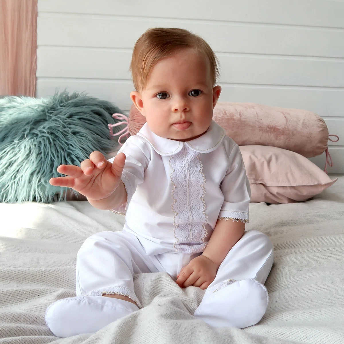 Handmade Christening Boy Satin Outfit Baptism Baby Boy Newborn