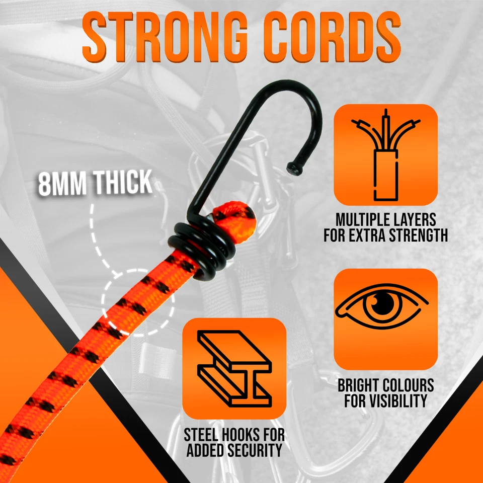 12 BUNGEE STRAPS CORDS SET WITH HOOKS ELASTICATED ROPE CORD CAR VAN BIKE LUGGAGE - Image 3 of 4