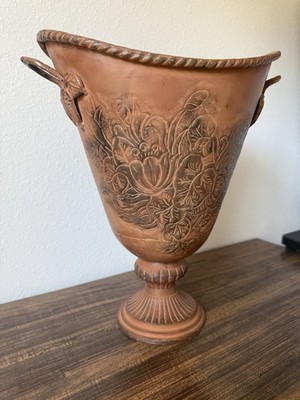 Vintage Metal Urn Planter Vase Handles  Rustic Brown Flower Garden Plant Pot 14 