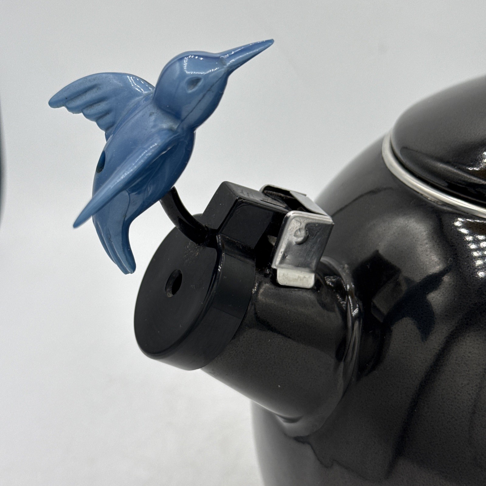 Vintage Ancona RARE Black Enamel Whistling Tea Kettle Tulip & Hummingbird 90s