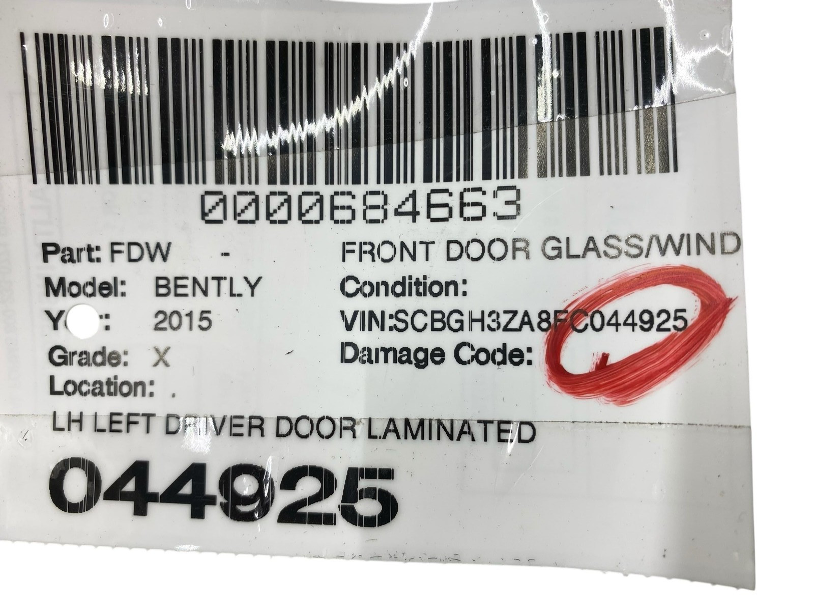 2015 BENTLEY CONTINENTAL LH LEFT DRIVER DOOR LAMINATED GLASS WINDOW 3W7845021F