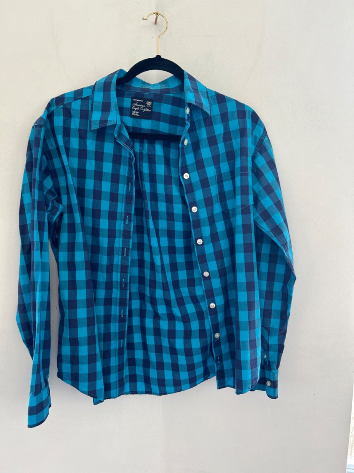 American Eagle Outfitters men's long-sleeve button-down shirt in a blue gingham